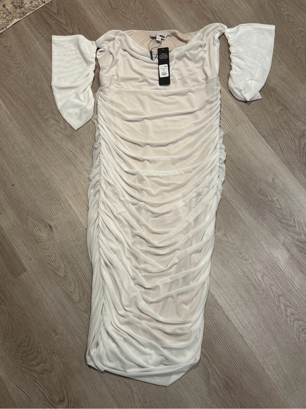 Fashion Nova Cream Ruched Off-Shoulder Mini Dress
